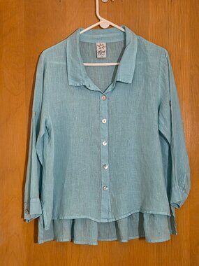 Match Point USA 100% Linen Button Up Tunic Size S/M Aqua Blue Ruffle Lagenlook